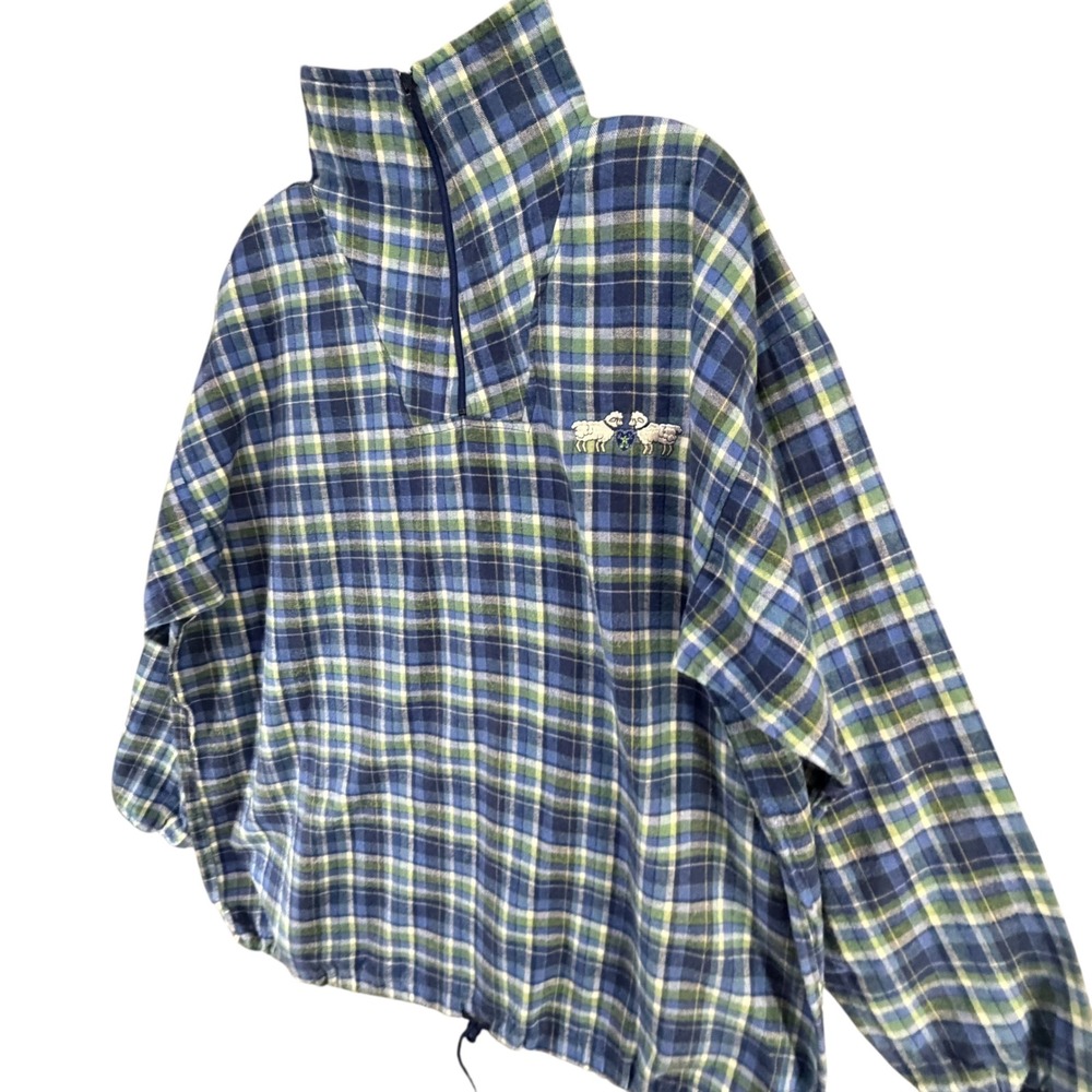 Vtg Gotkeys Unlimited Plaid Flannel Pullover Unisex OS Blue 1/4 Zip Cottage - Picture 3 of 12